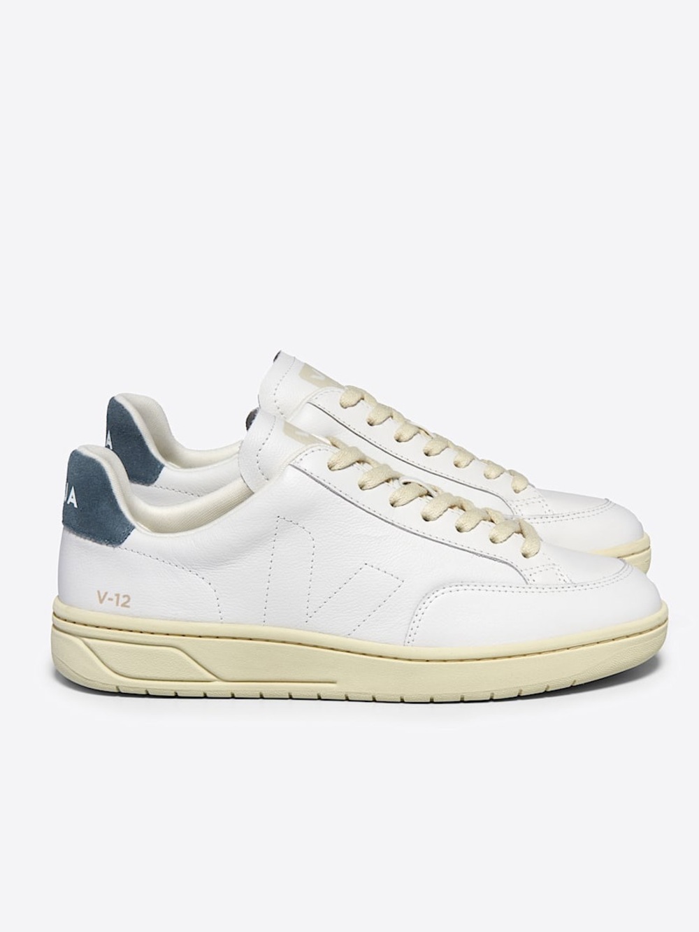 Veja V-12 White Leather Sneakers with Navy Heel